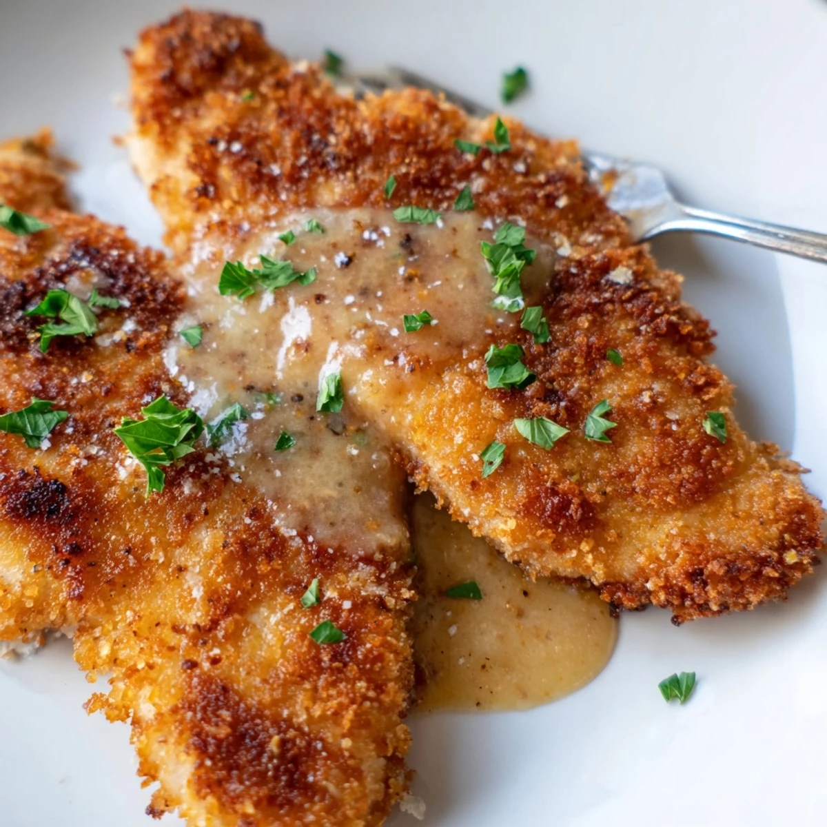 Pan fried Crispy Chicken Creamy Sauce Recipe served over mashed potatoes for comfort