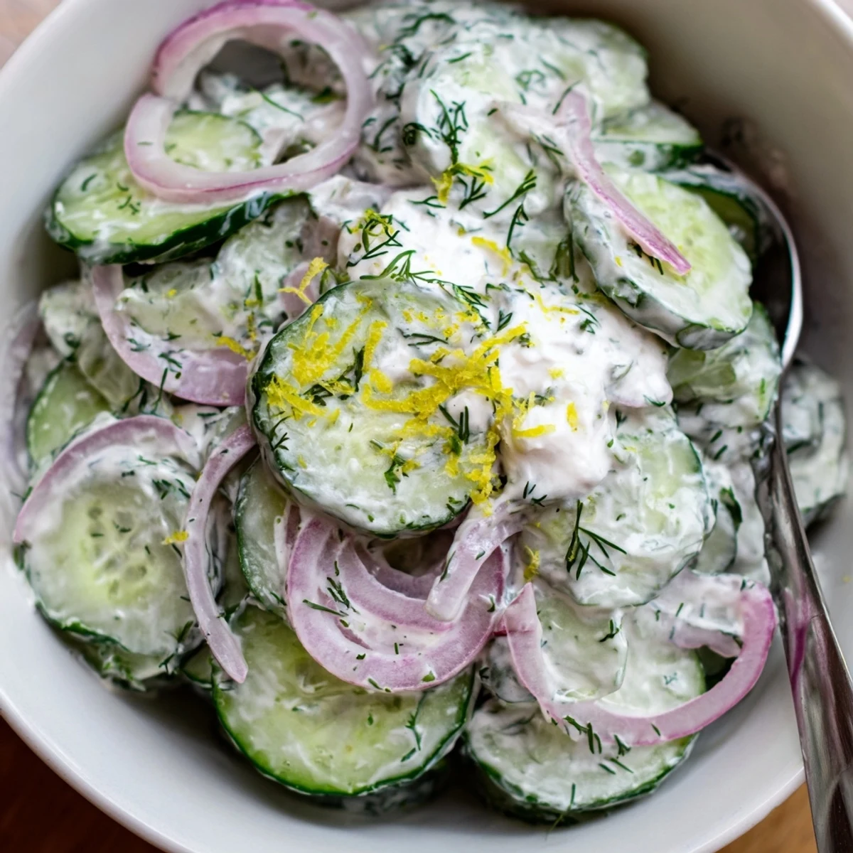 Tzatziki Cucumber Salad: creamy garlic yogurt coating crisp cucumber and red onion