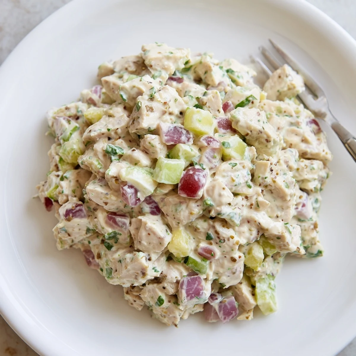 Healthy Greek Yogurt Chicken Salad Recipe with tender chicken, crisp celery, lemony dressing