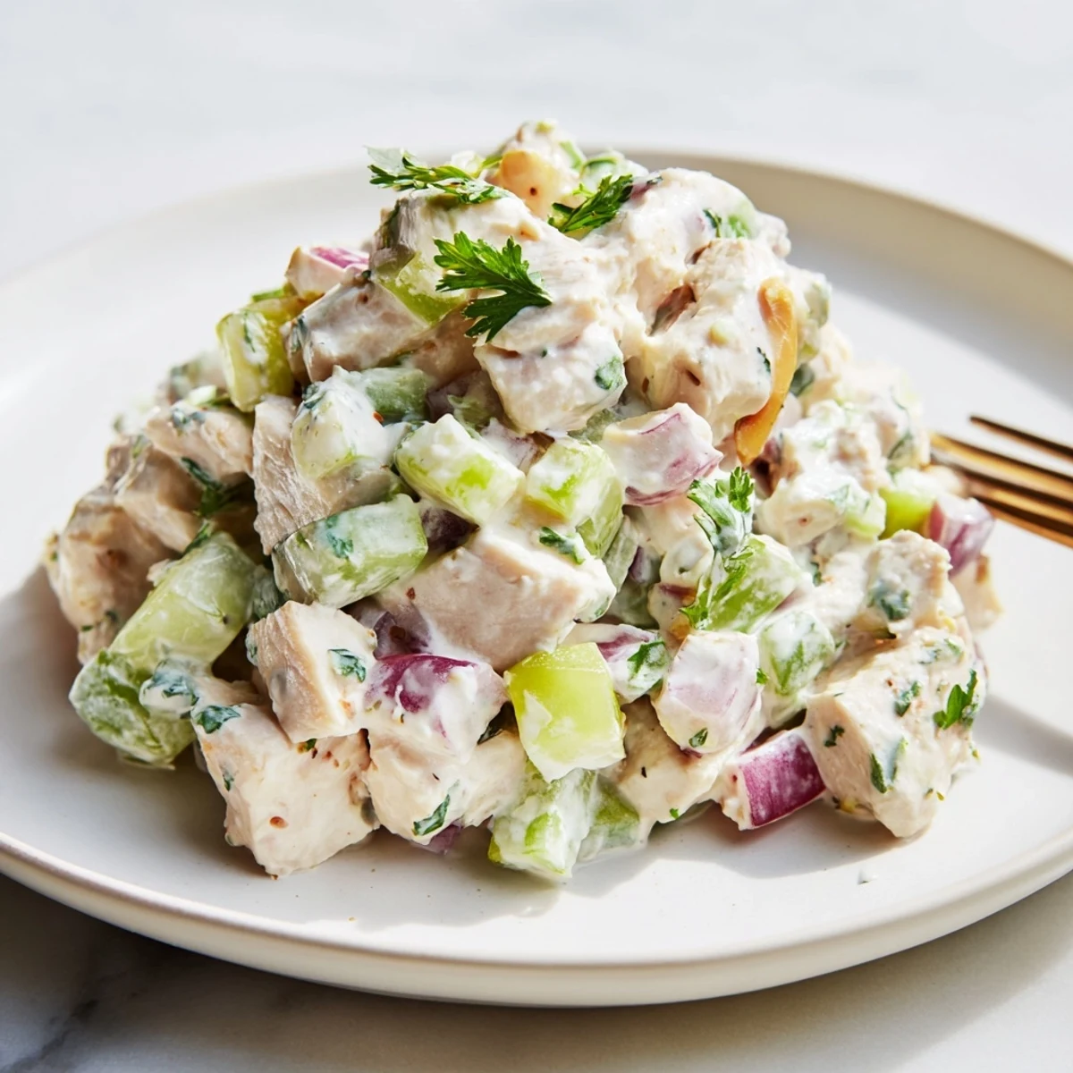 Healthy Greek Yogurt Chicken Salad Recipe served in lettuce cups, bright herby aroma