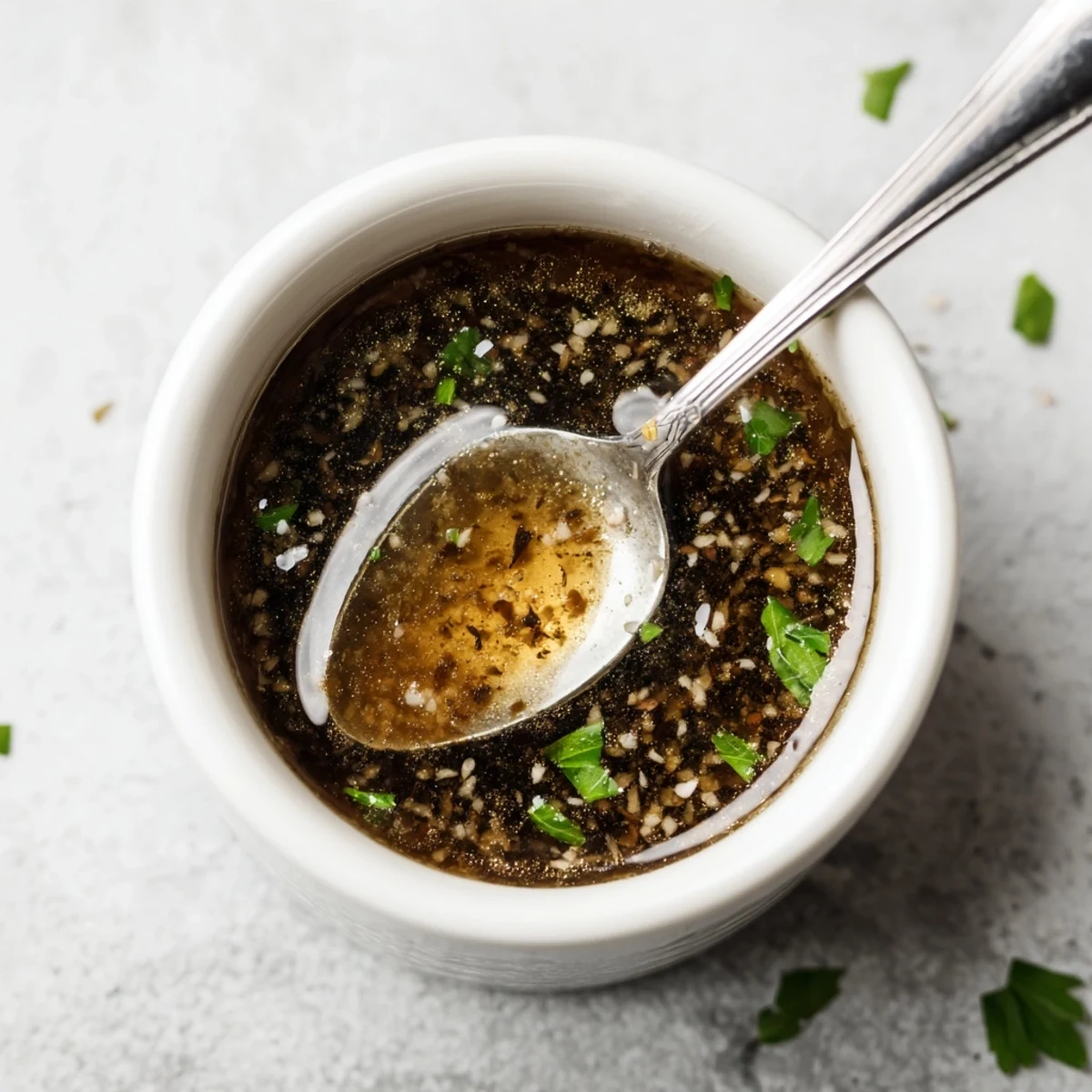 Vinaigrette glistening in a small bowl, tangy aroma and pepper flecks