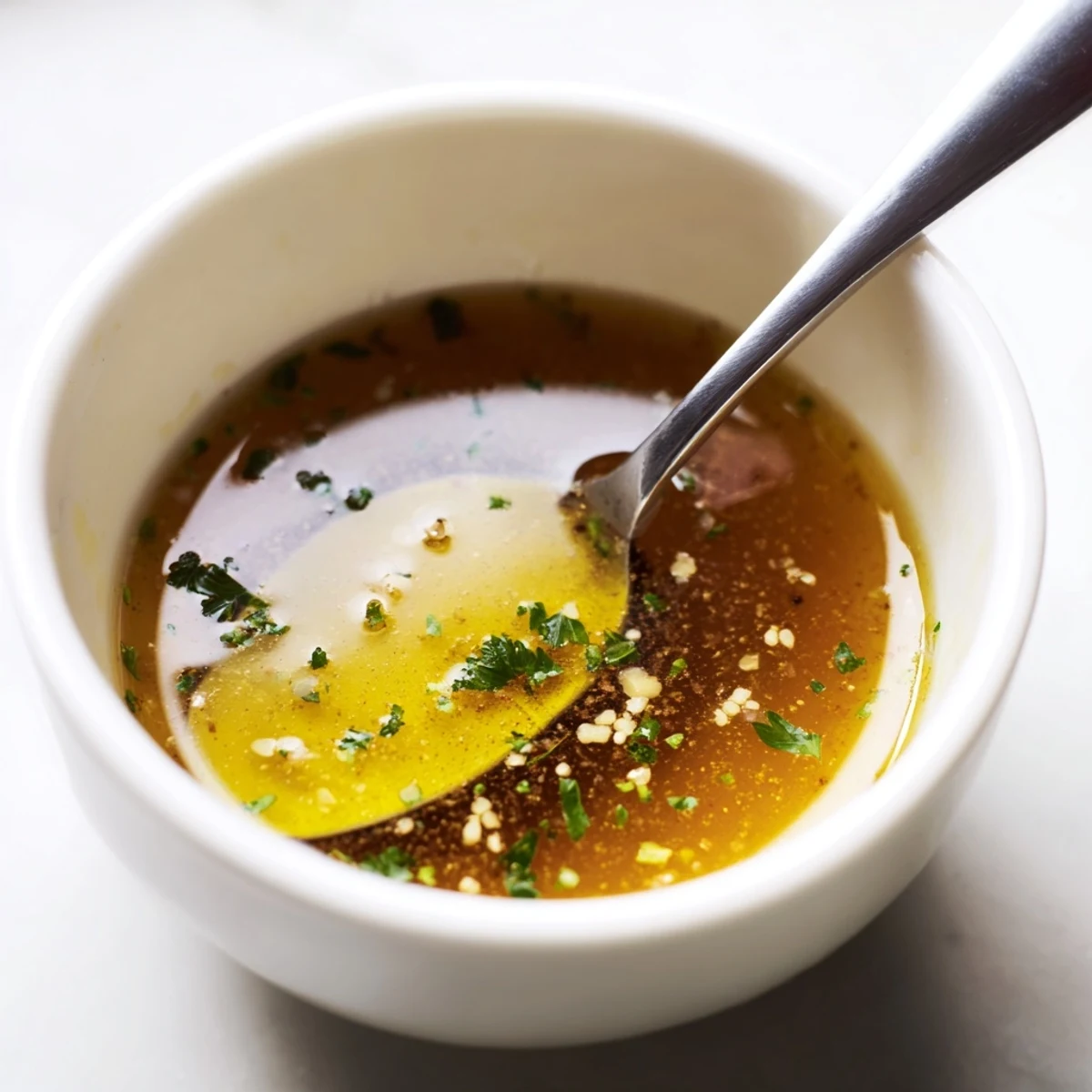 Homemade Vinaigrette being whisked with olive oil, glossy and fragrant