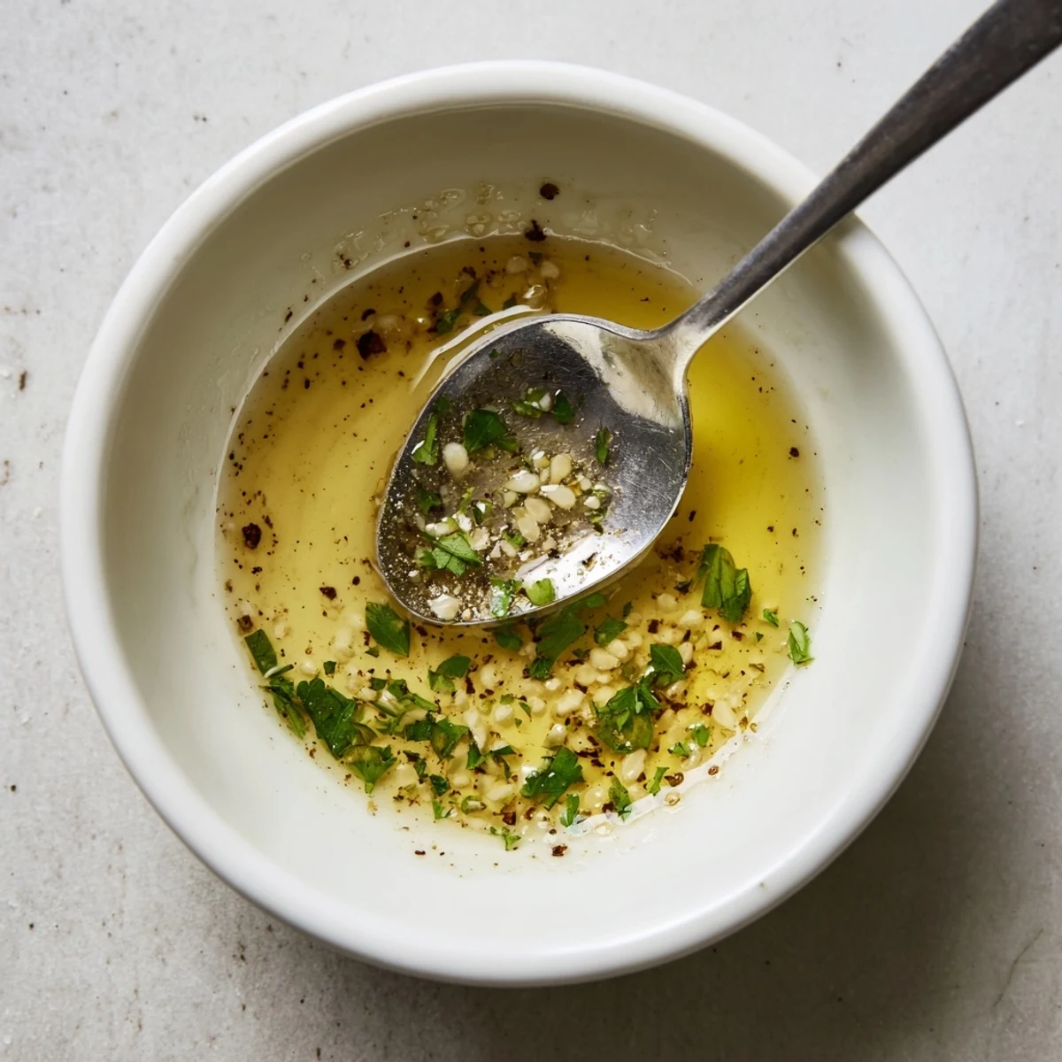 Drizzled Vinaigrette over crisp mixed greens, bright acidity and herb notes