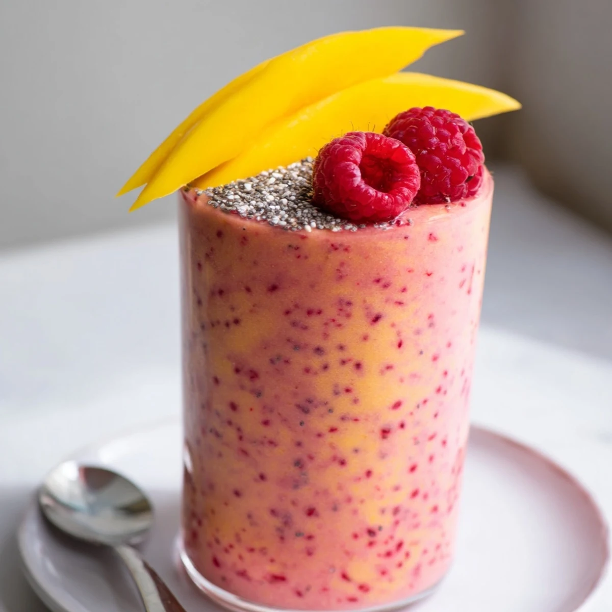 Vibrant Raspberry Mango Smoothie poured into tall glass, creamy bright tropical color