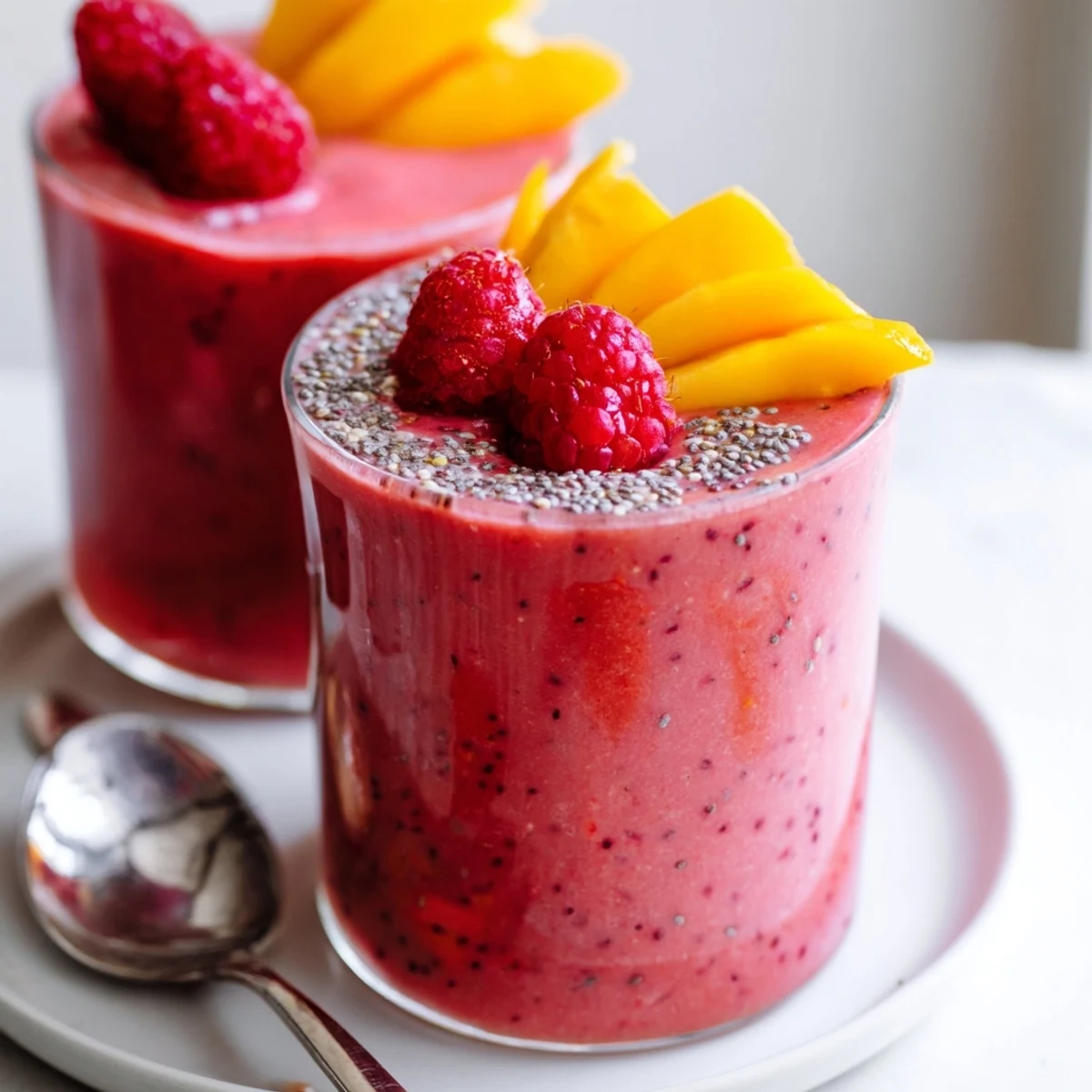 Chilled Vibrant Raspberry Mango Smoothie with zesty lime, chia seeds, refreshing breakfast sip