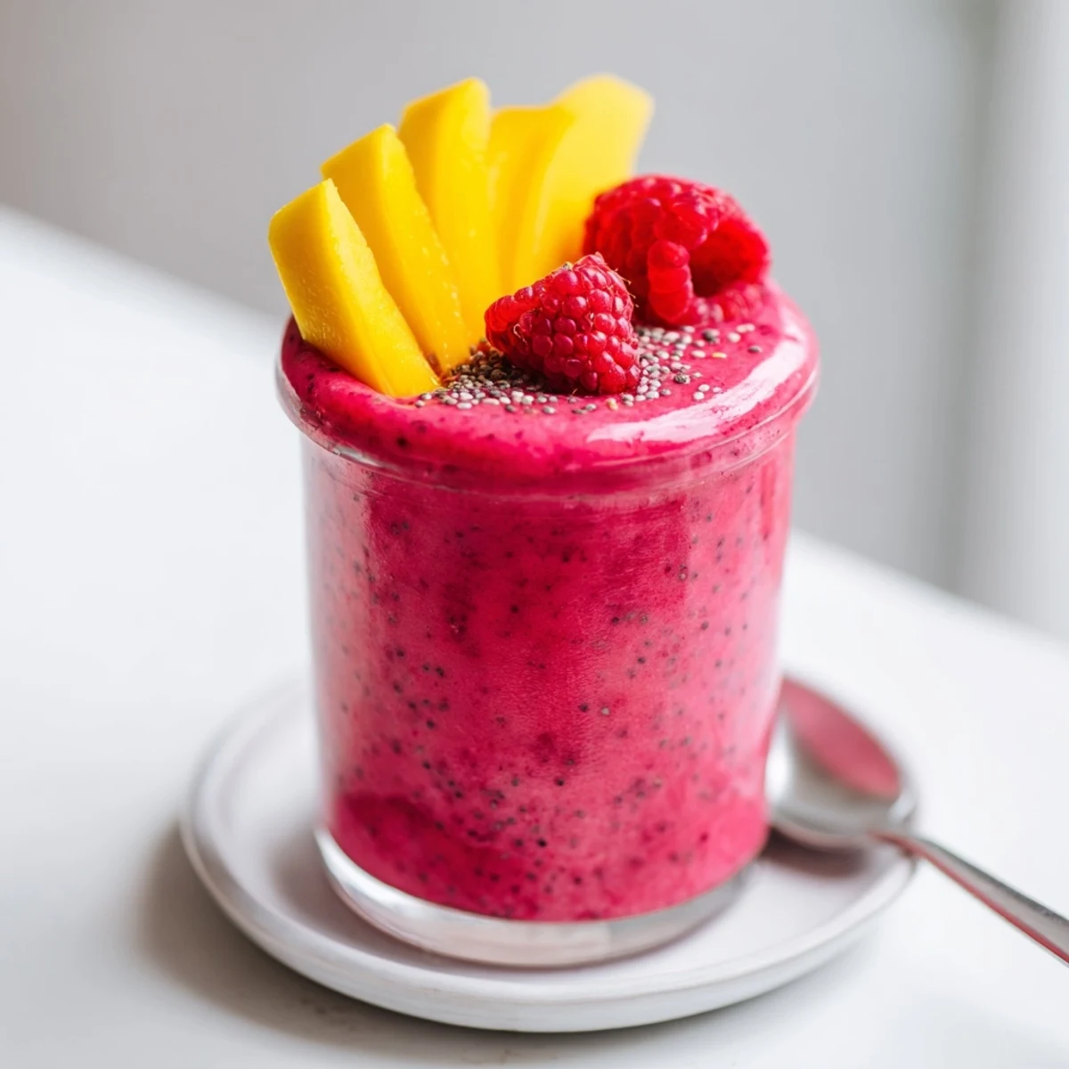 Vibrant Raspberry Mango Smoothie garnished with fresh raspberries and sliced mango, bright aroma