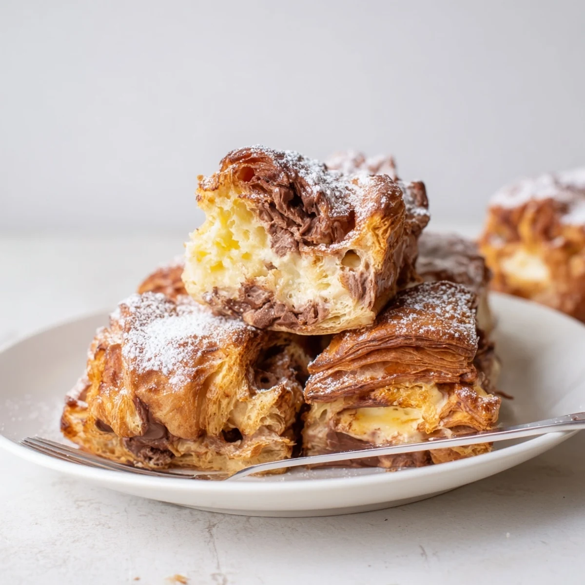 Chocolate Croissant Breakfast Bake with gooey chocolate pockets and golden, flaky top