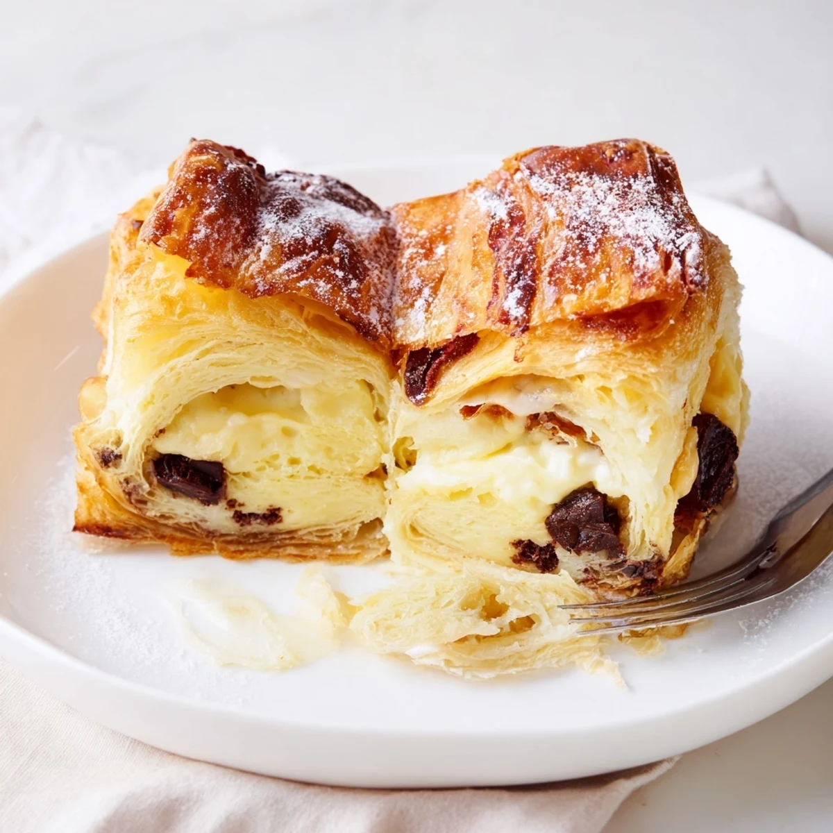 Warm Chocolate Croissant Breakfast Bake served with berries and a cloud of whipped cream