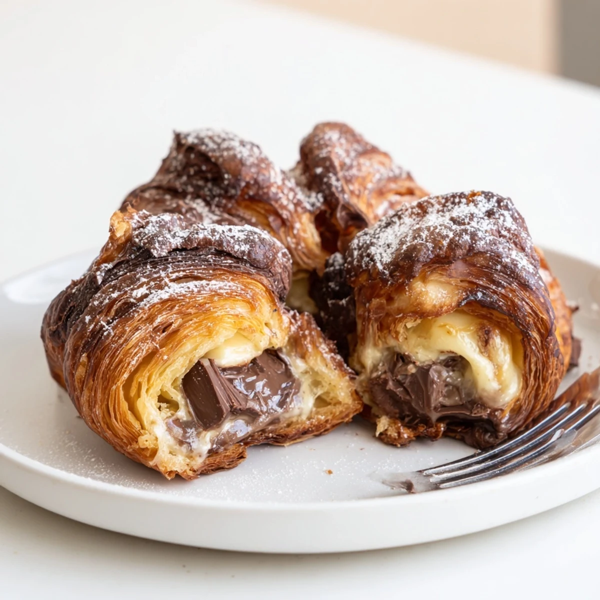 Slices of Chocolate Croissant Breakfast Bake revealing custardy center and melted chocolate