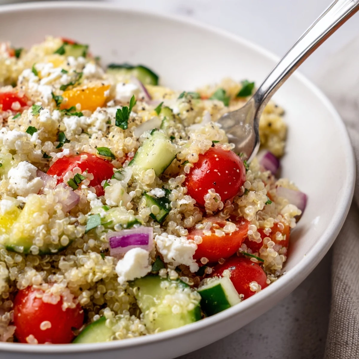 Favorite Quinoa Salad Recipe with zesty lemon dressing, cherry tomatoes, fresh herbs.