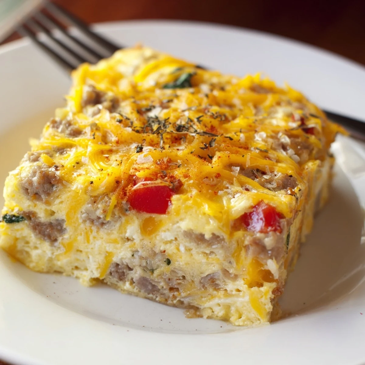 High Protein Egg Casserole Recipe, golden top steaming, savory turkey and spinach