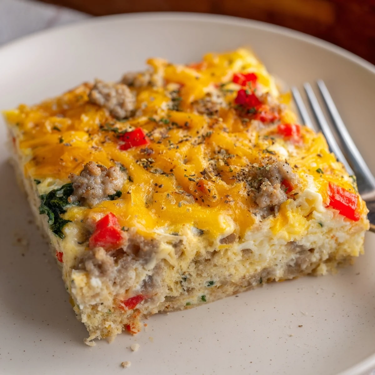 Warm High Protein Egg Casserole Recipe served in squares with fresh fruit