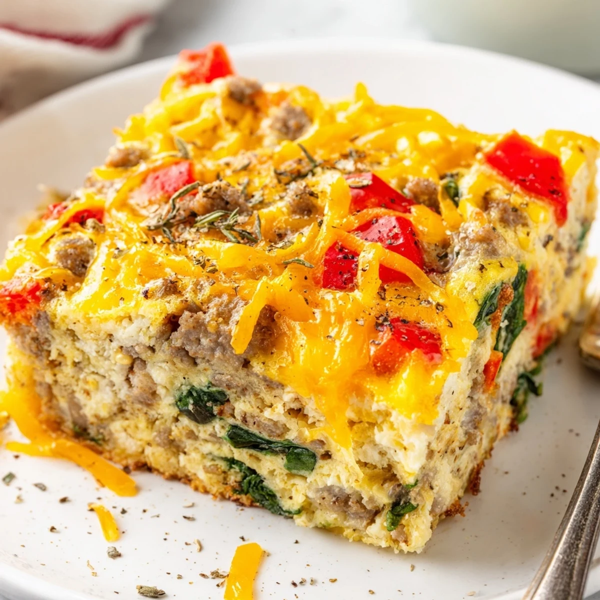 Just baked High Protein Egg Casserole Recipe, bubbling with cheddar and ready for brunch