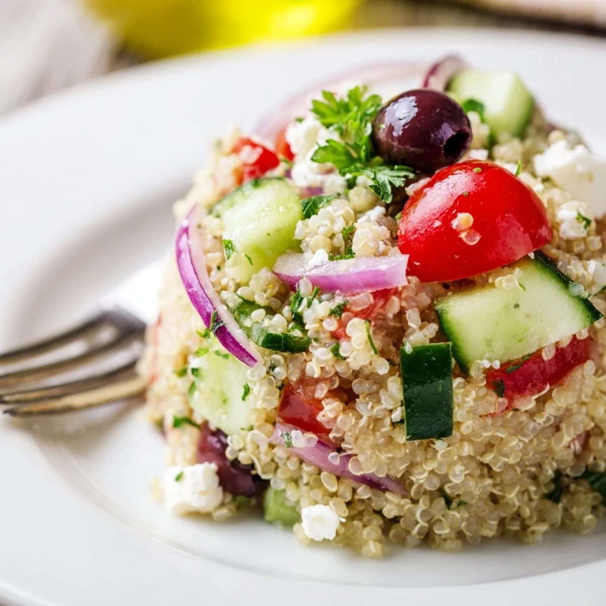 Serve Greek Quinoa Salad Recipe with briny Kalamata olives and fresh herbs