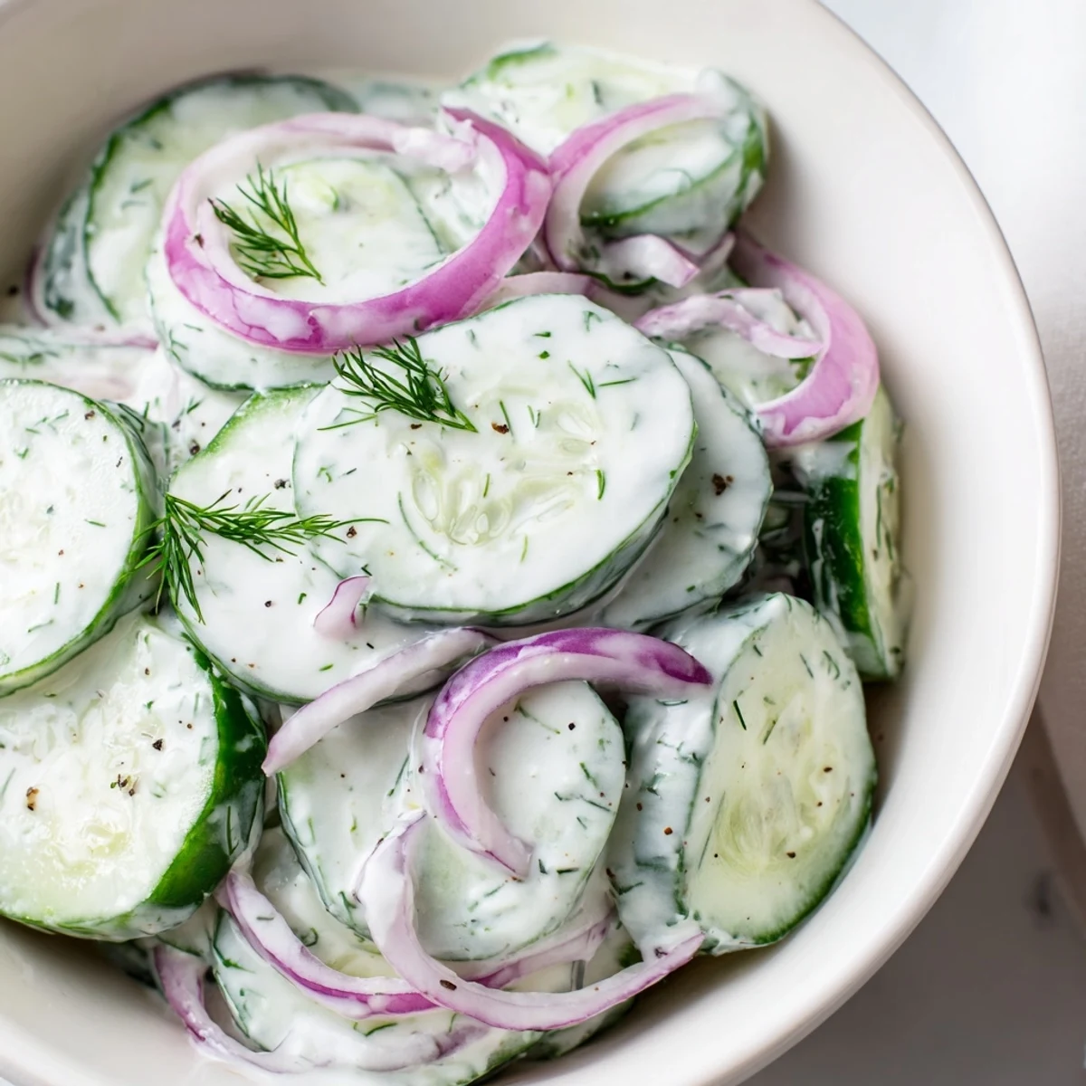 Greek Yogurt Cucumber Salad with creamy dressing, crisp cucumbers, fresh dill garnish