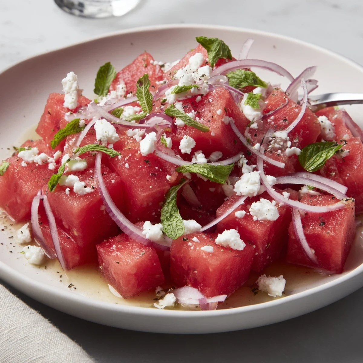 Summer Watermelon Salad With Feta And Mint served chilled, garnished with fresh mint
