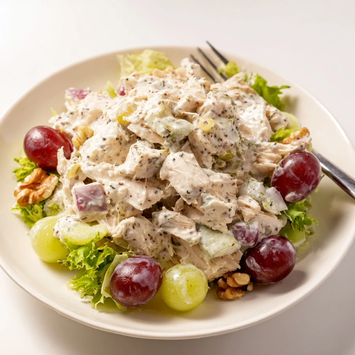 Chicken Salad With Creamy Yogurt Dressing heaped on greens, tender chicken, crunchy nuts