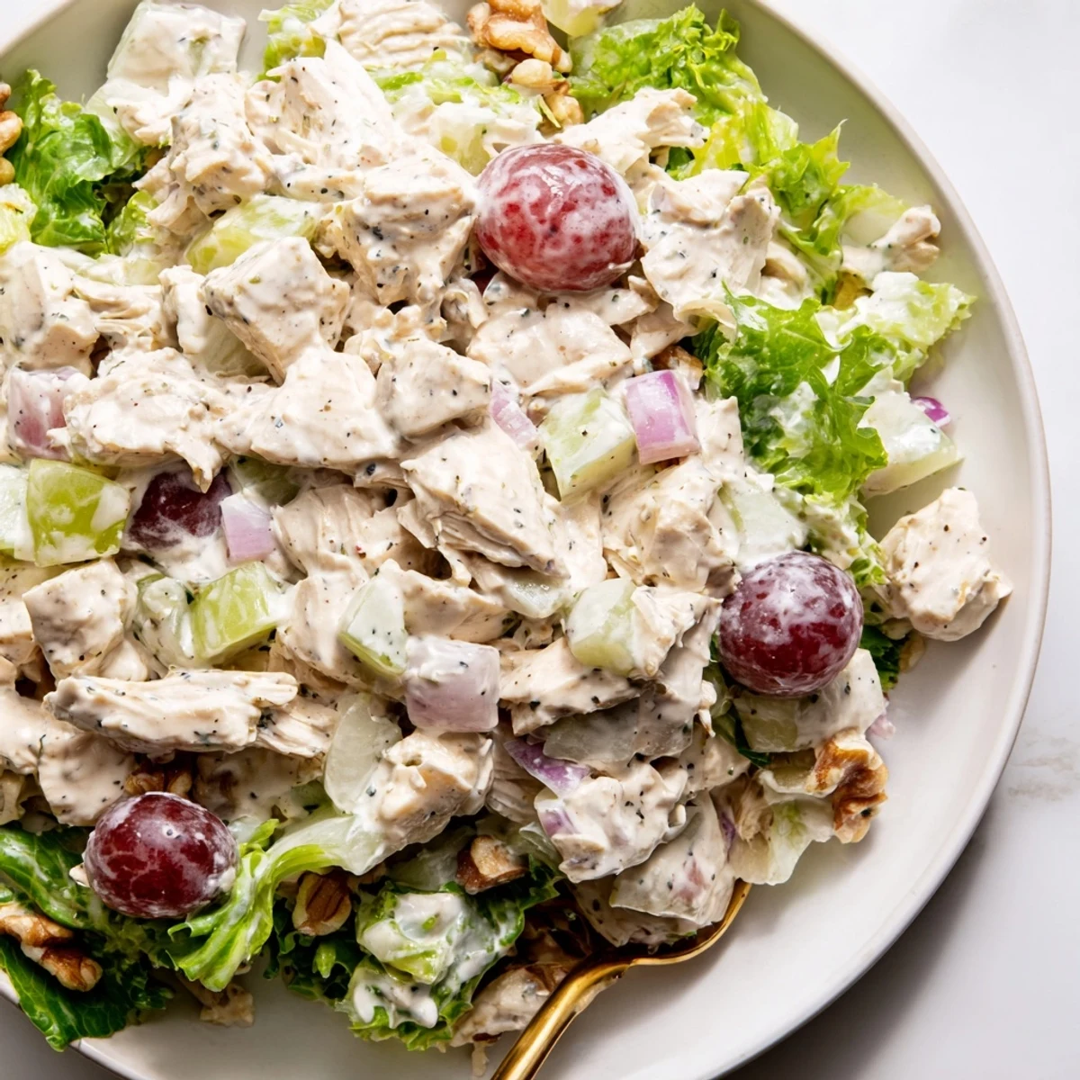 Weeknight Chicken Salad With Creamy Yogurt Dressing, grapes, crunchy celery, fresh herbs