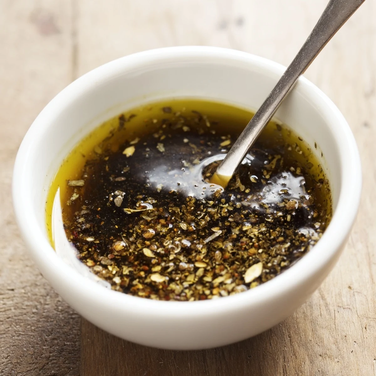 Greek Dressing With Red Wine Vinegar And Dijon, drizzled over crisp romaine