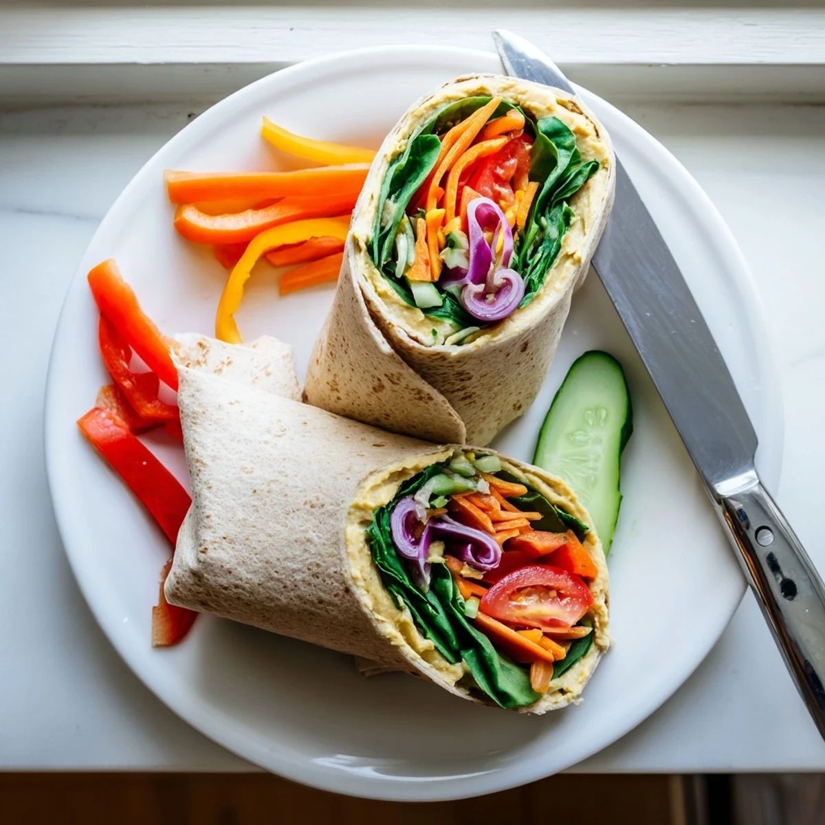 Fresh hummus veggie wrap rolled with crisp spinach, carrots, cucumber, and bell pepper slices
