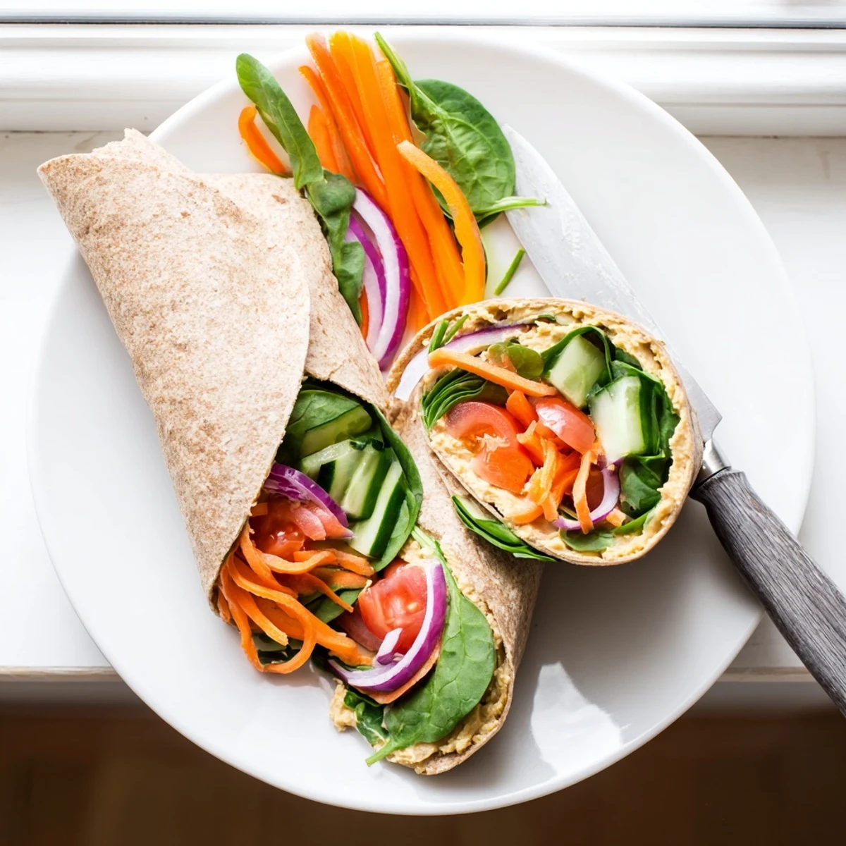 Colorful Mediterranean hummus veggie wrap layered with vegetables and sliced diagonally on a plate