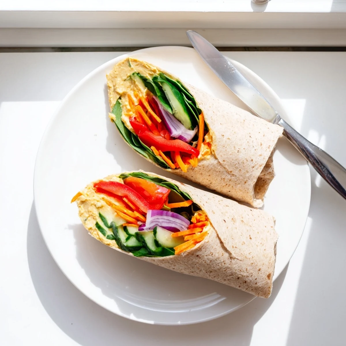 Creamy hummus spread across whole wheat tortilla topped with vibrant fresh vegetables and greens