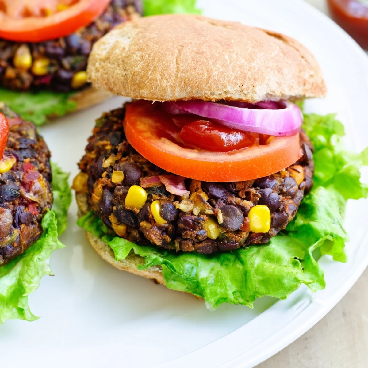 Golden brown veggie burgers recipe stacked on toasted buns with fresh lettuce and tomato