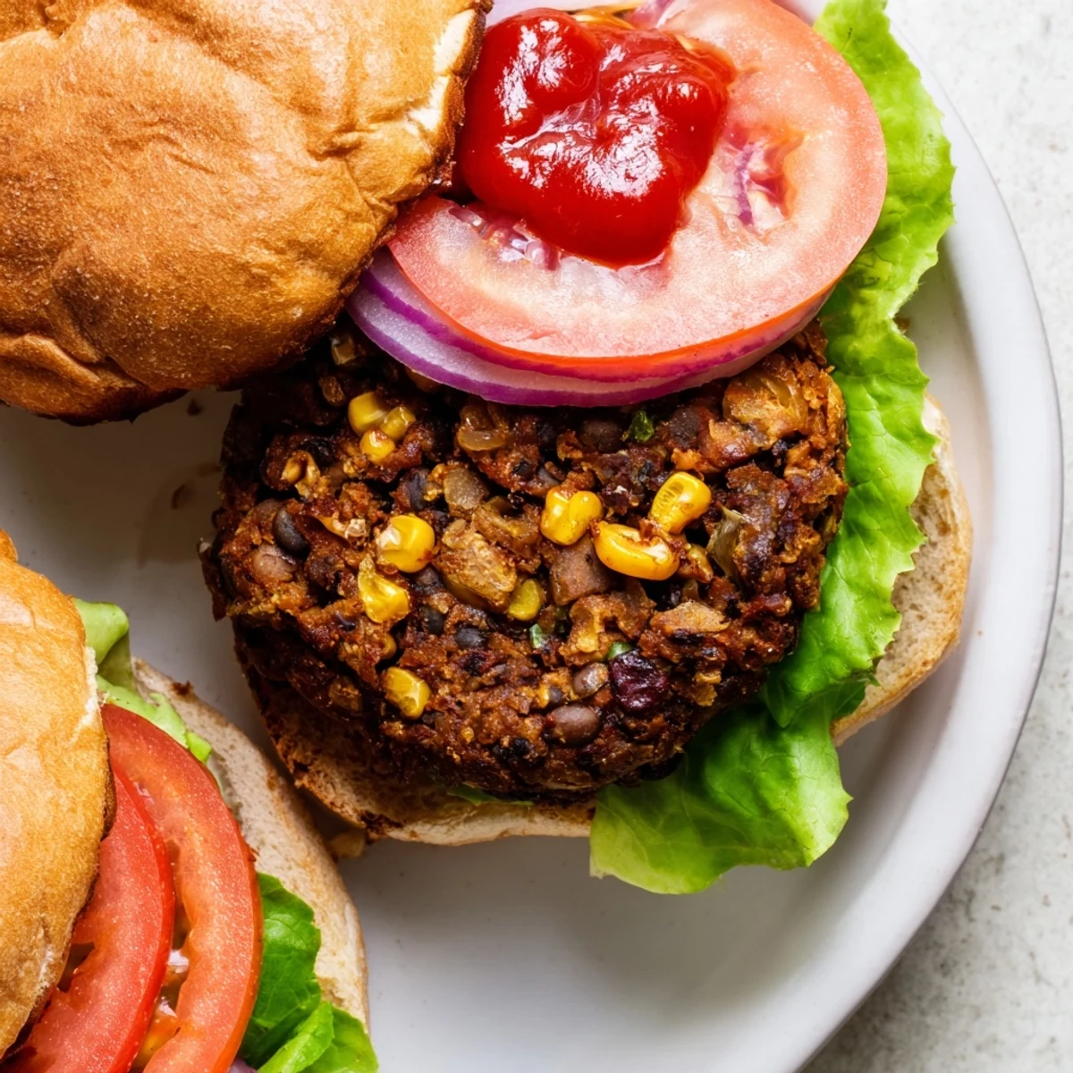 Hearty vegetable-packed burger patties sizzling in a skillet with black beans and spices