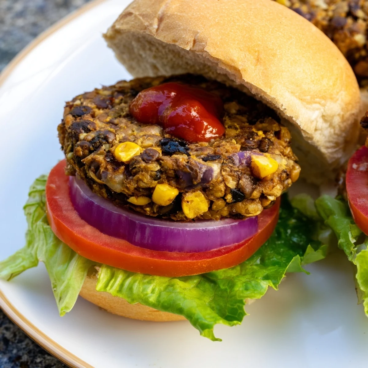 Homemade veggie burgers recipe served on plates with crispy fries and pickle slices