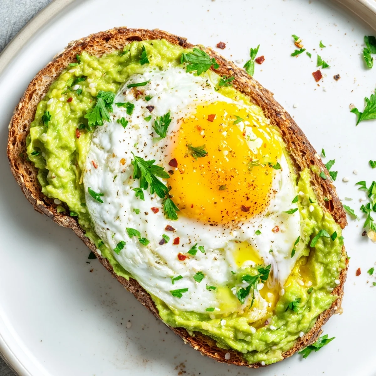 Simple avocado toast with egg featuring fresh herbs and a drizzle of olive oil