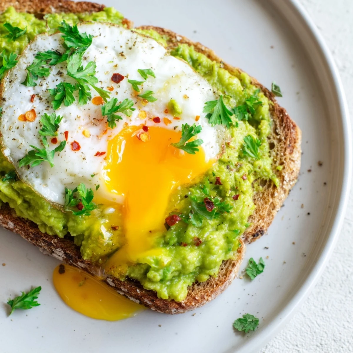 Golden brown toast topped with creamy mashed avocado and a perfectly fried egg