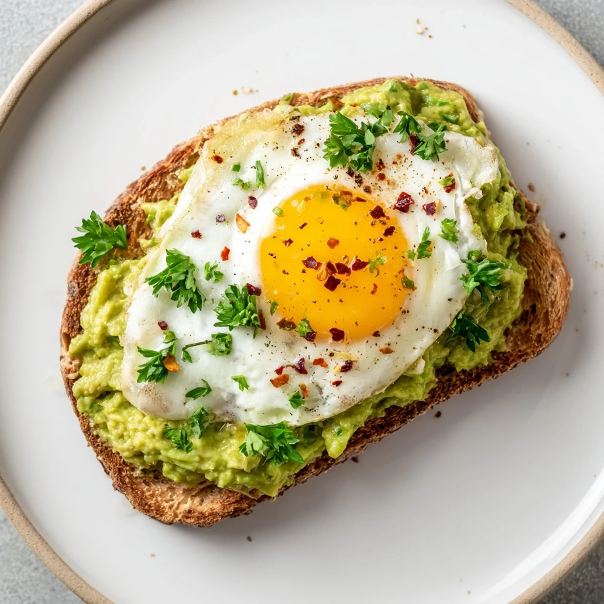 Whole grain bread piled high with ripe avocado and a sunny side up egg