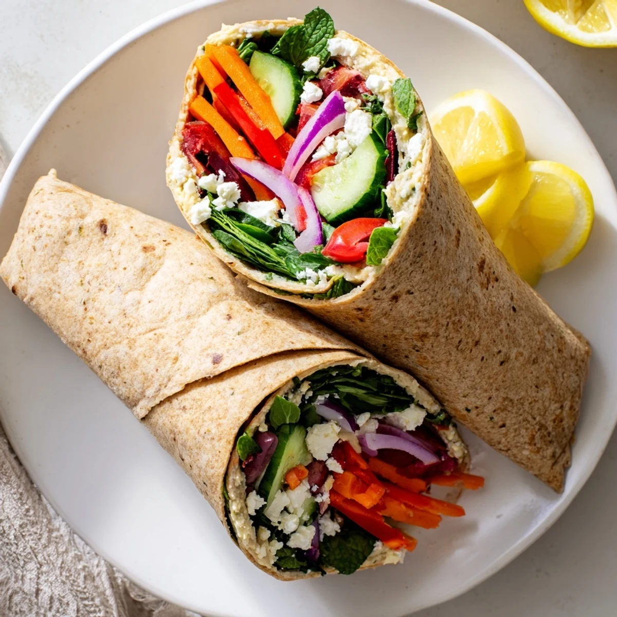 Golden whole wheat tortilla wrapped around creamy hummus with crisp colorful vegetables and fresh herbs
