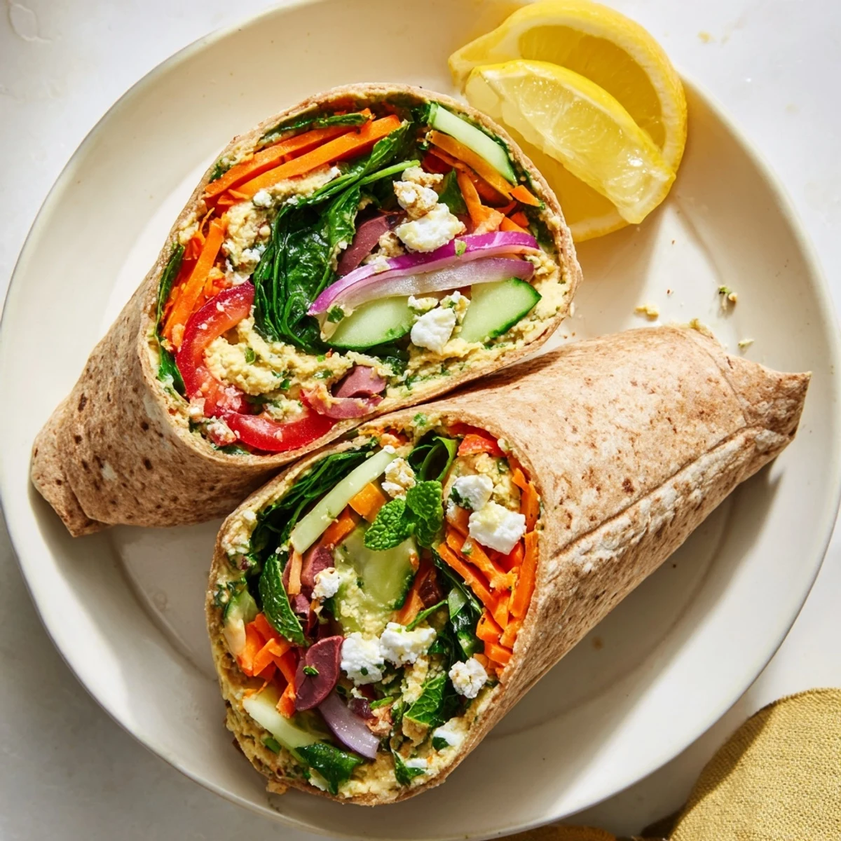 Sliced Heavenly Hummus Wrap revealing layers of spinach, cucumber, tomatoes, bell peppers, and crumbled feta cheese