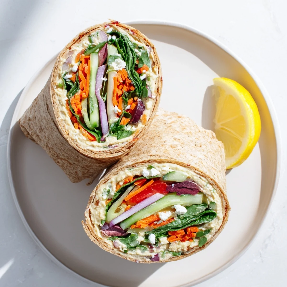 Mediterranean-style lunch wrap filled with smooth hummus, crunchy vegetables, and aromatic mint, ready to eat