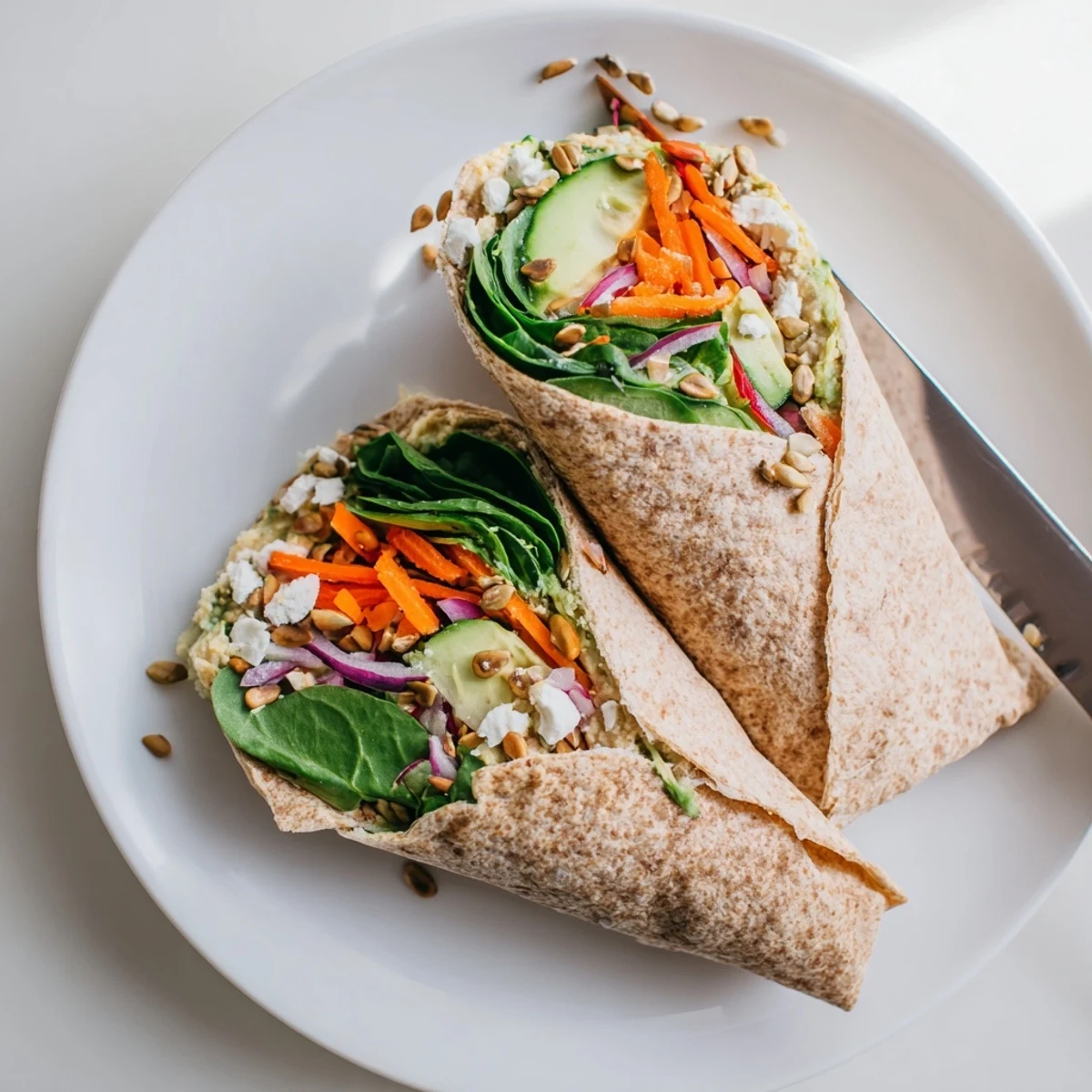 Fresh veggie wrap with hummus featuring colorful sliced vegetables and creamy spread on whole wheat tortilla