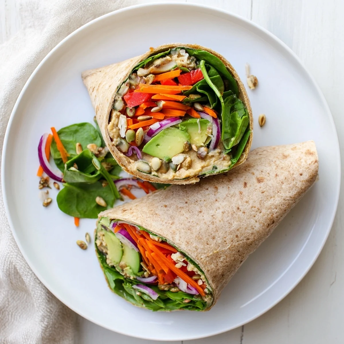 Mediterranean veggie wrap with hummus rolled tight with crisp peppers, cucumbers, and avocado slices ready to eat