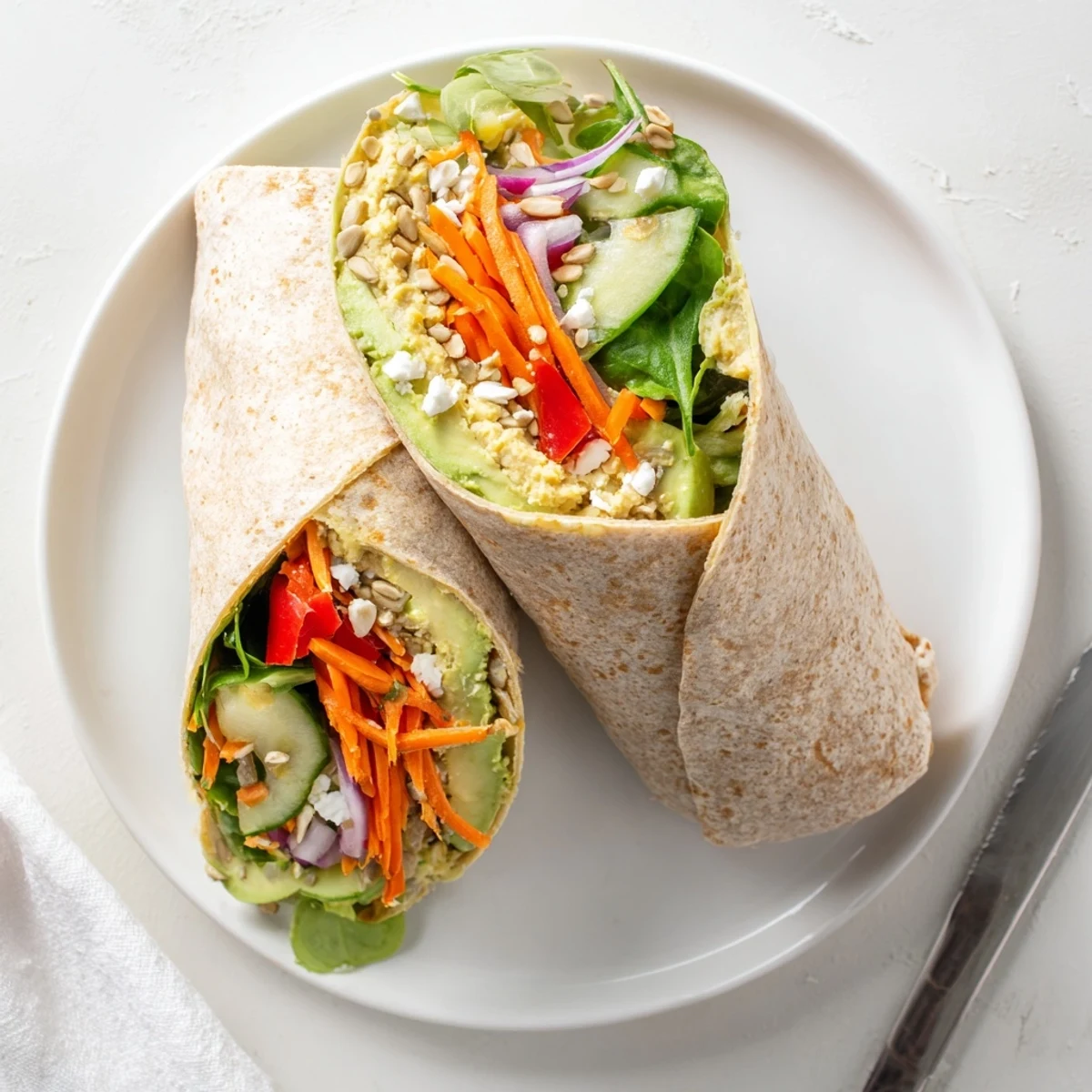 Healthy veggie wrap with hummus displaying vibrant layers of spinach, carrots, and bell pepper in diagonal halves