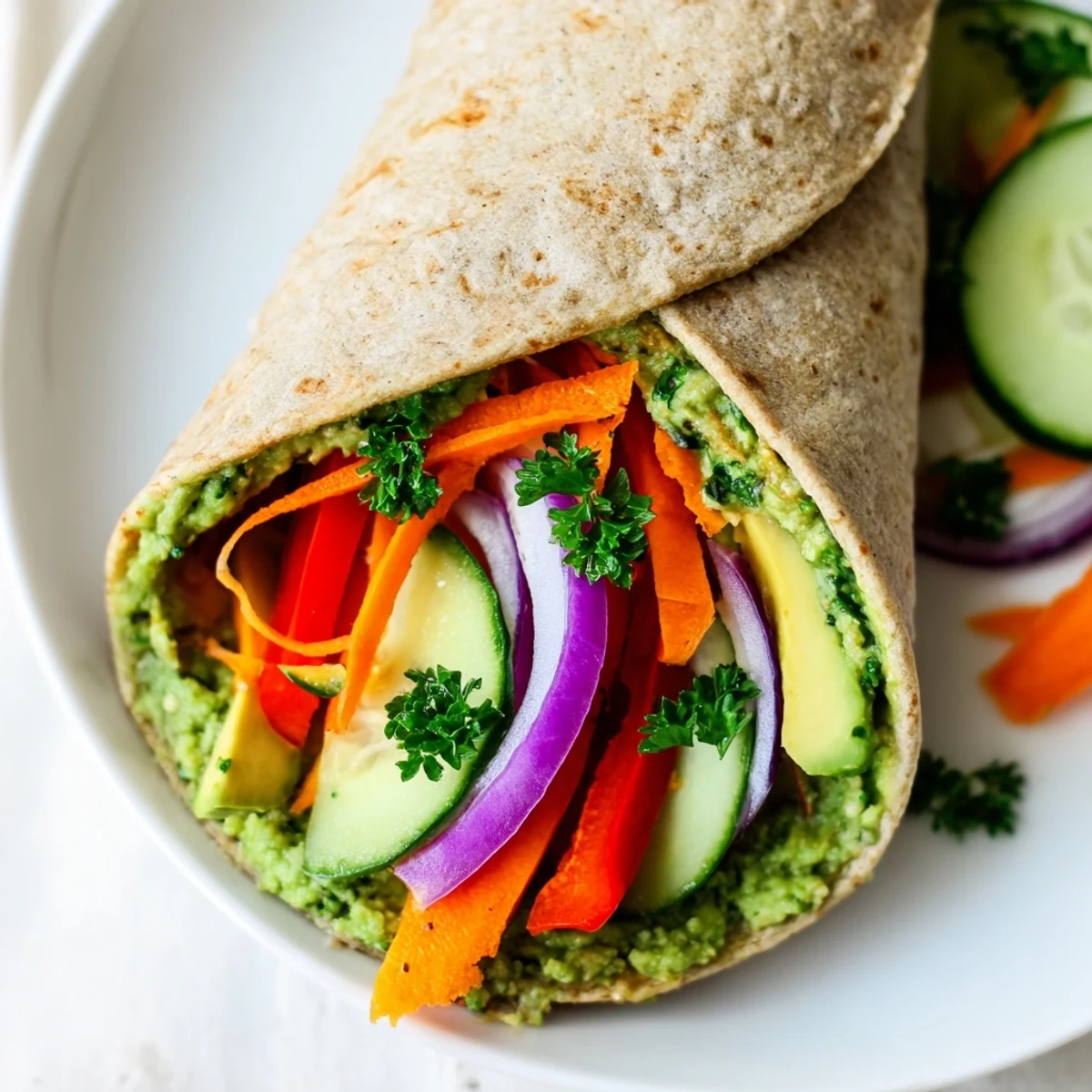 Whole wheat tortilla wraps filled with vibrant green spinach hummus and colorful fresh vegetables