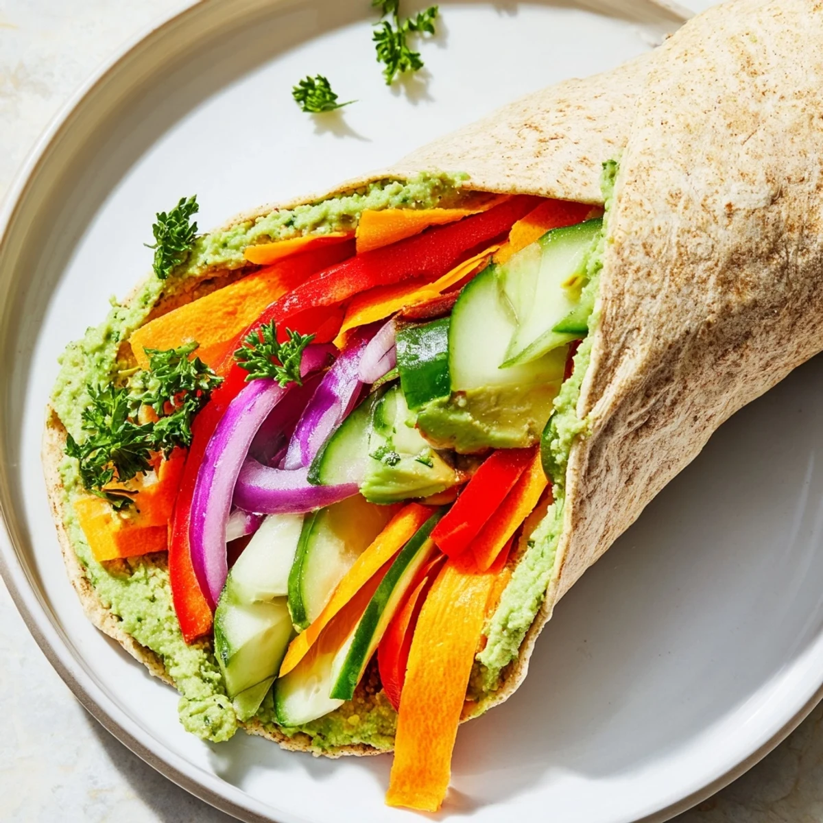 Mediterranean-style spinach hummus lunch wraps rolled with sliced peppers, carrots, avocado, and crunchy cucumber