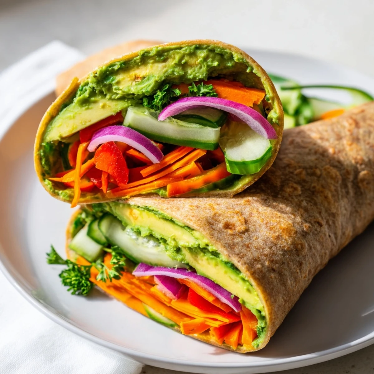 Portable spinach hummus wraps featuring creamy spread, crisp veggies, and sliced avocado on whole grain tortillas