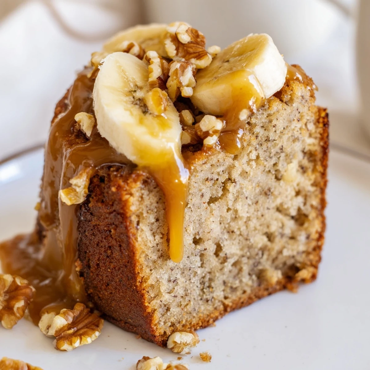Golden brown butter banana cake slice topped with glossy salted caramel sauce