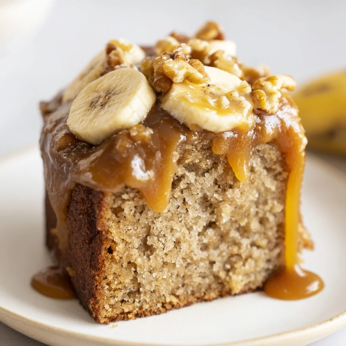 Moist banana cake drizzled with rich salted caramel on a white serving plate
