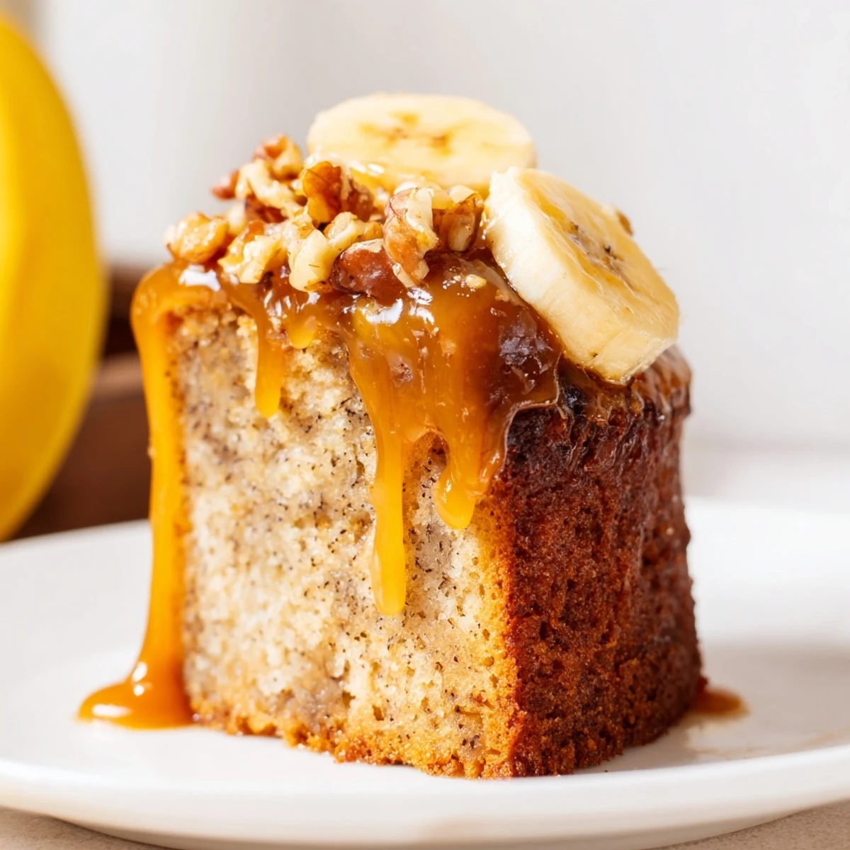 Decadent salted caramel brown butter banana cake with caramel dripping down the sides