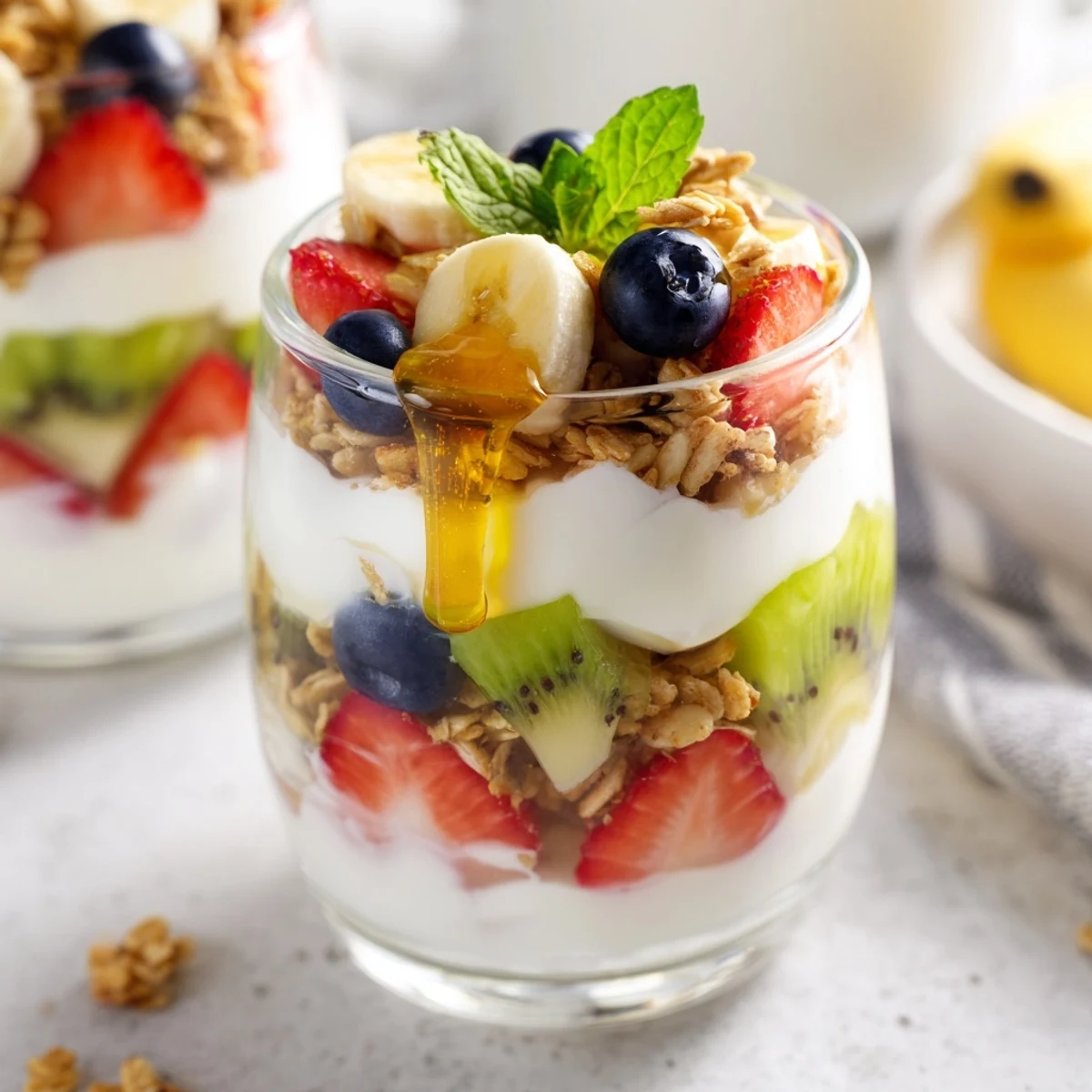 Clear parfait glass displaying Greek yogurt parfait recipe with honey drizzle and colorful mixed fruit layers