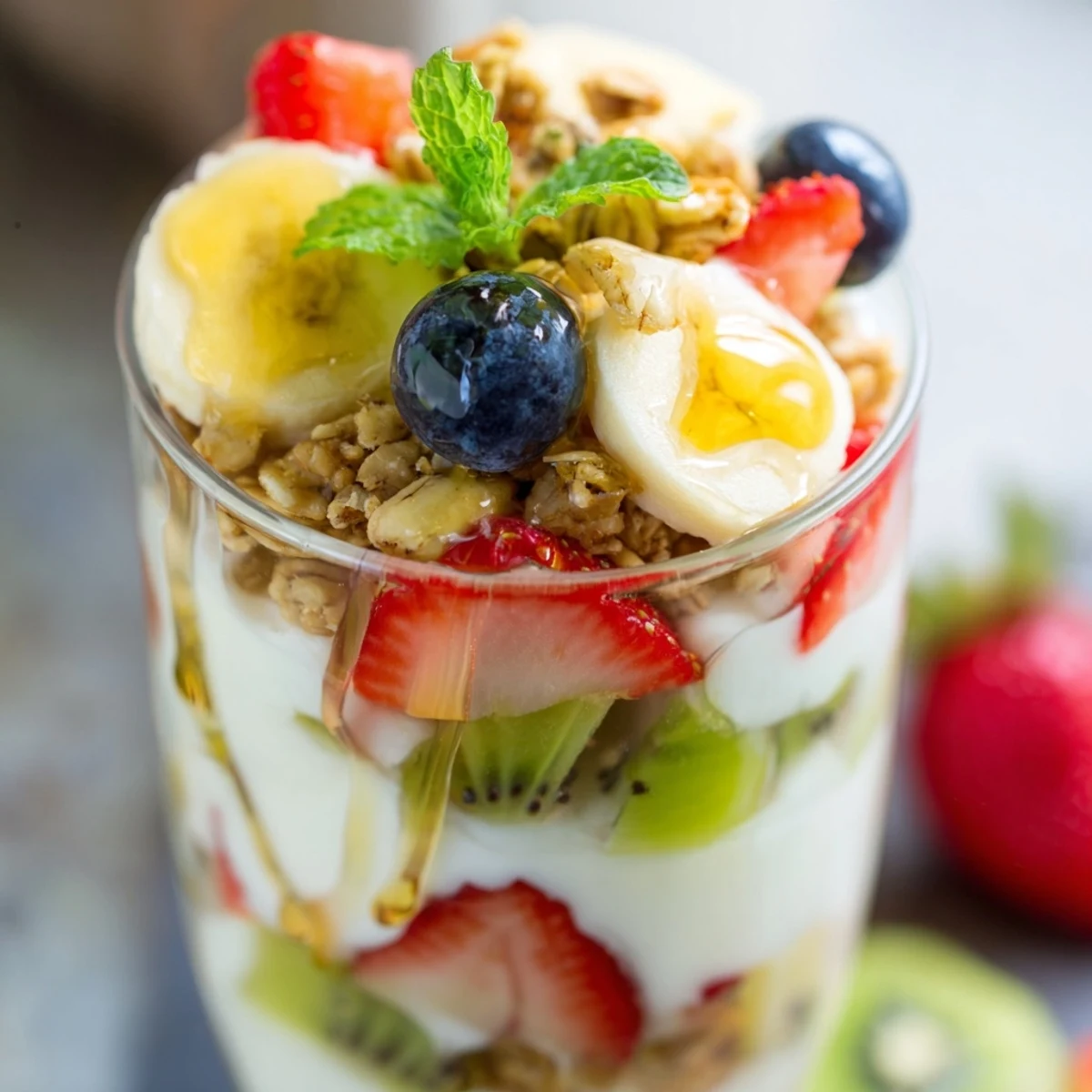 Glass bowl showcasing layered yogurt parfait recipe with honey, fresh strawberries, blueberries, kiwi, and crunchy granola topping