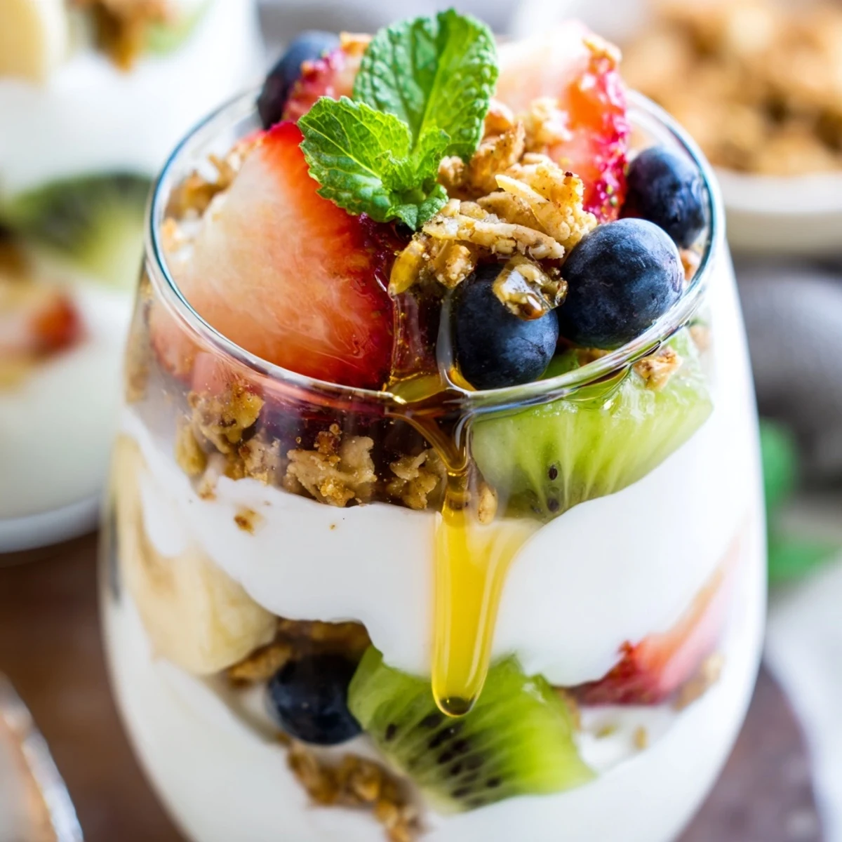 Layered yogurt parfait recipe with honey, sliced banana, berries, kiwi, and mint garnish in serving glasses