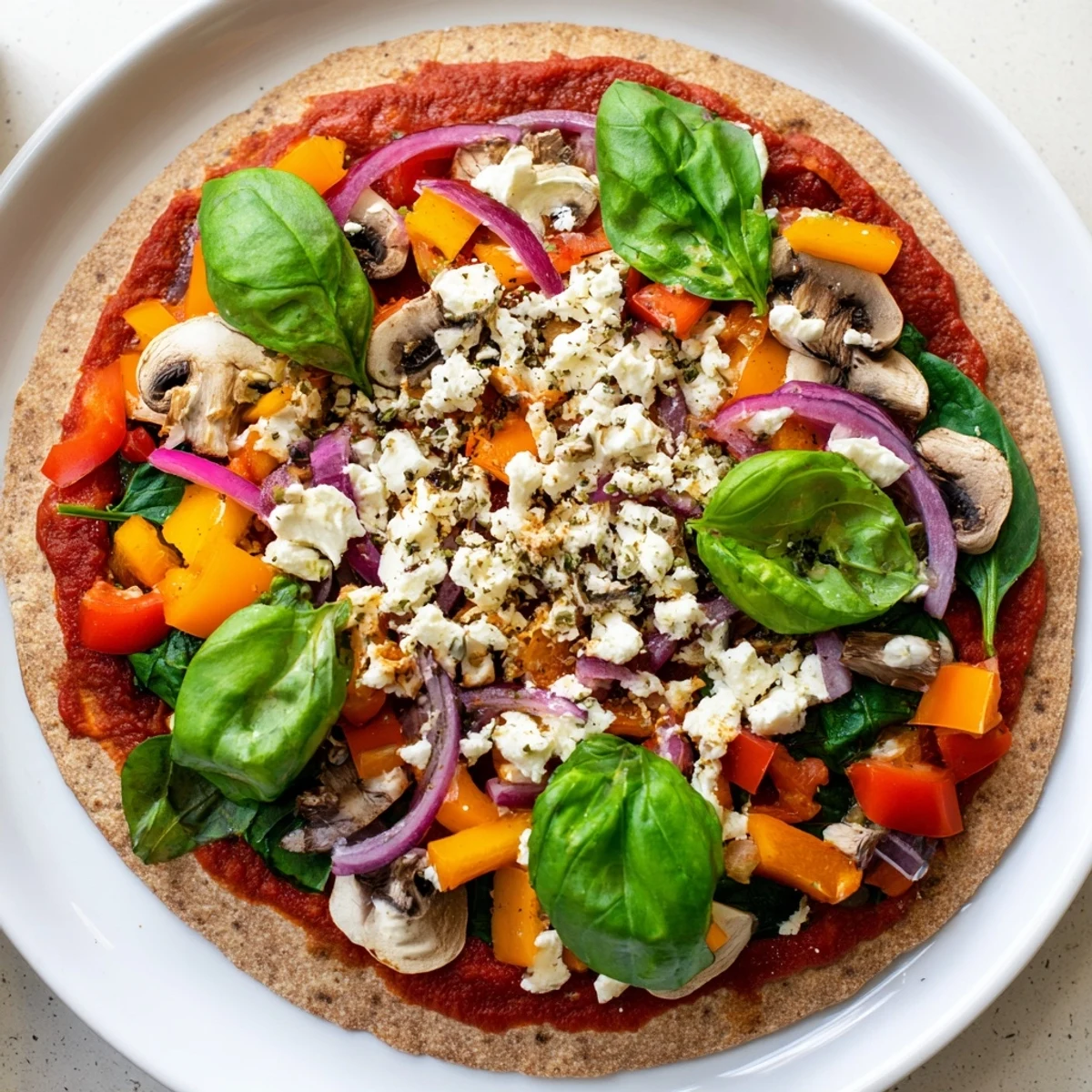 Heart-healthy low cholesterol pita pizza featuring crisp veggies bubbling on Mediterranean seasoned tomato sauce