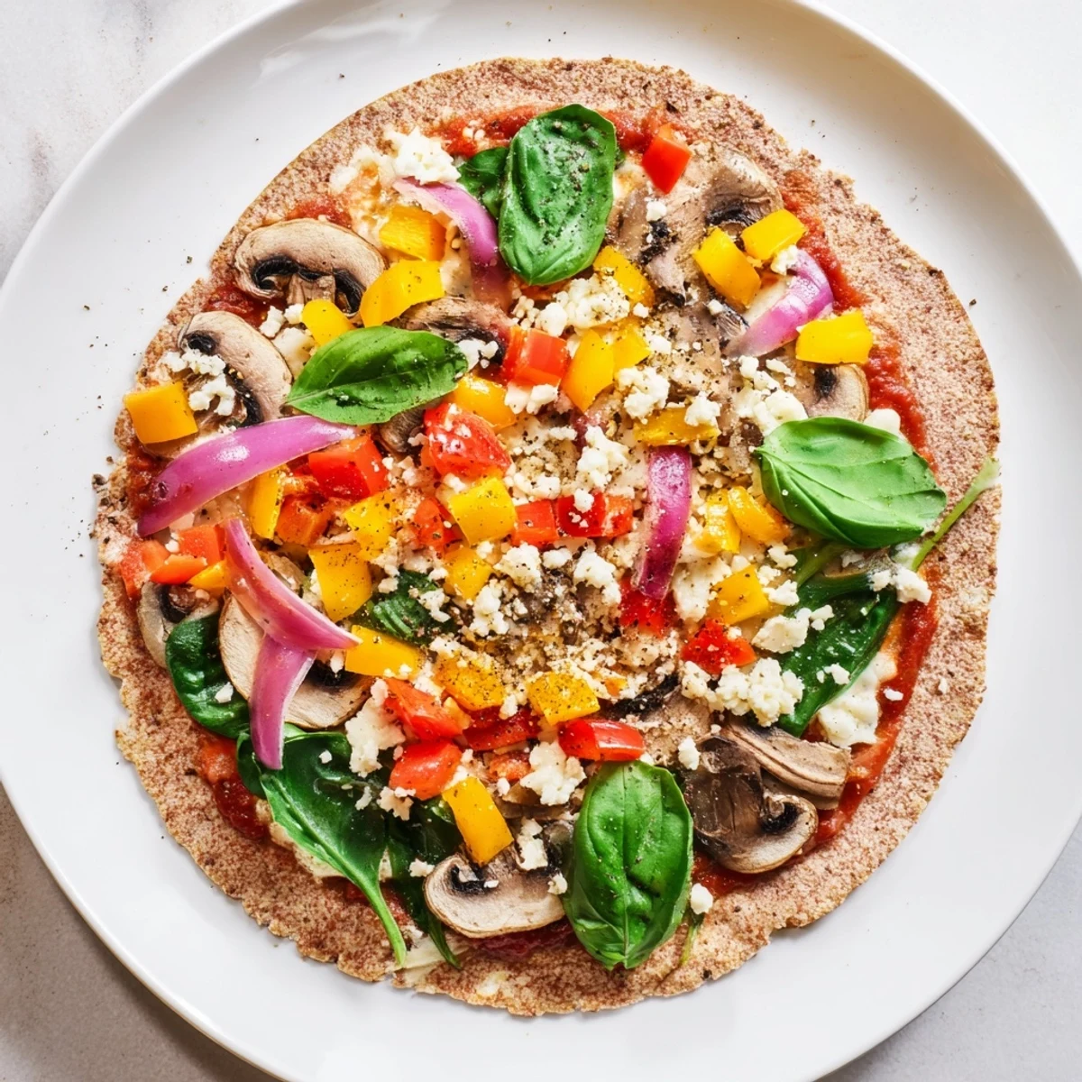 Golden whole wheat low cholesterol pita pizza topped with colorful fresh vegetables and melted mozzarella cheese