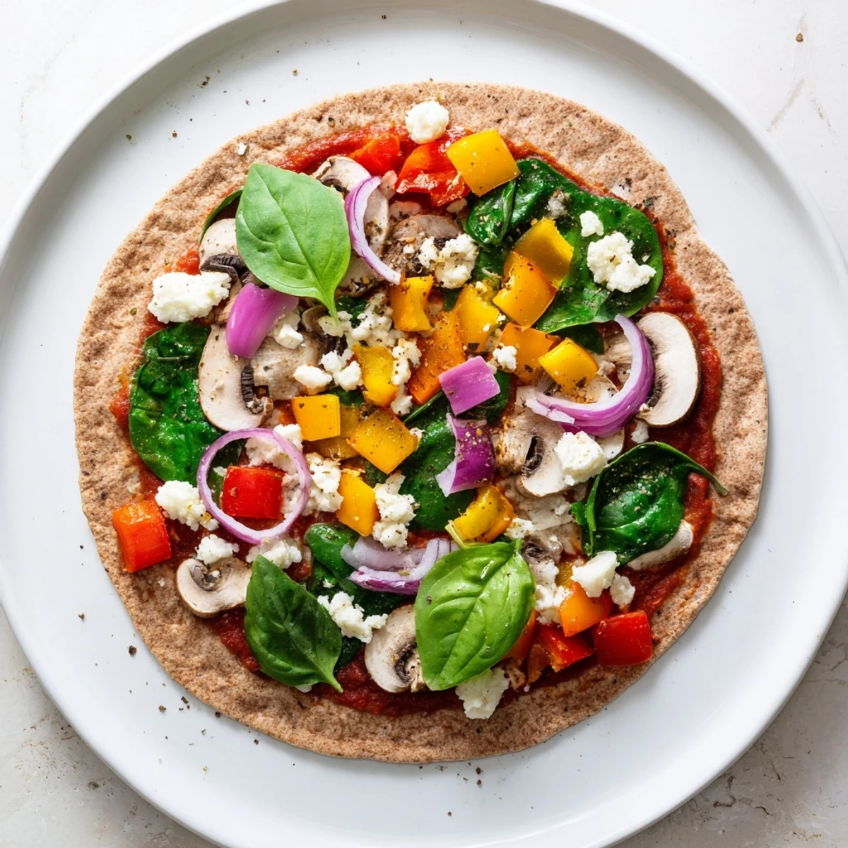 Sliced low cholesterol pita pizza with abundant bell peppers tomatoes onions and spinach on whole wheat crust